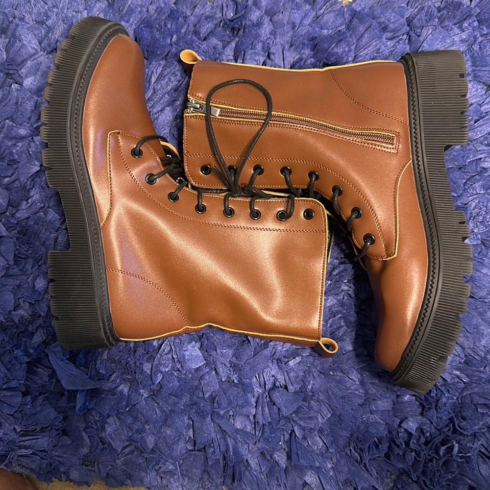 Brown Faux Leather Combat boots